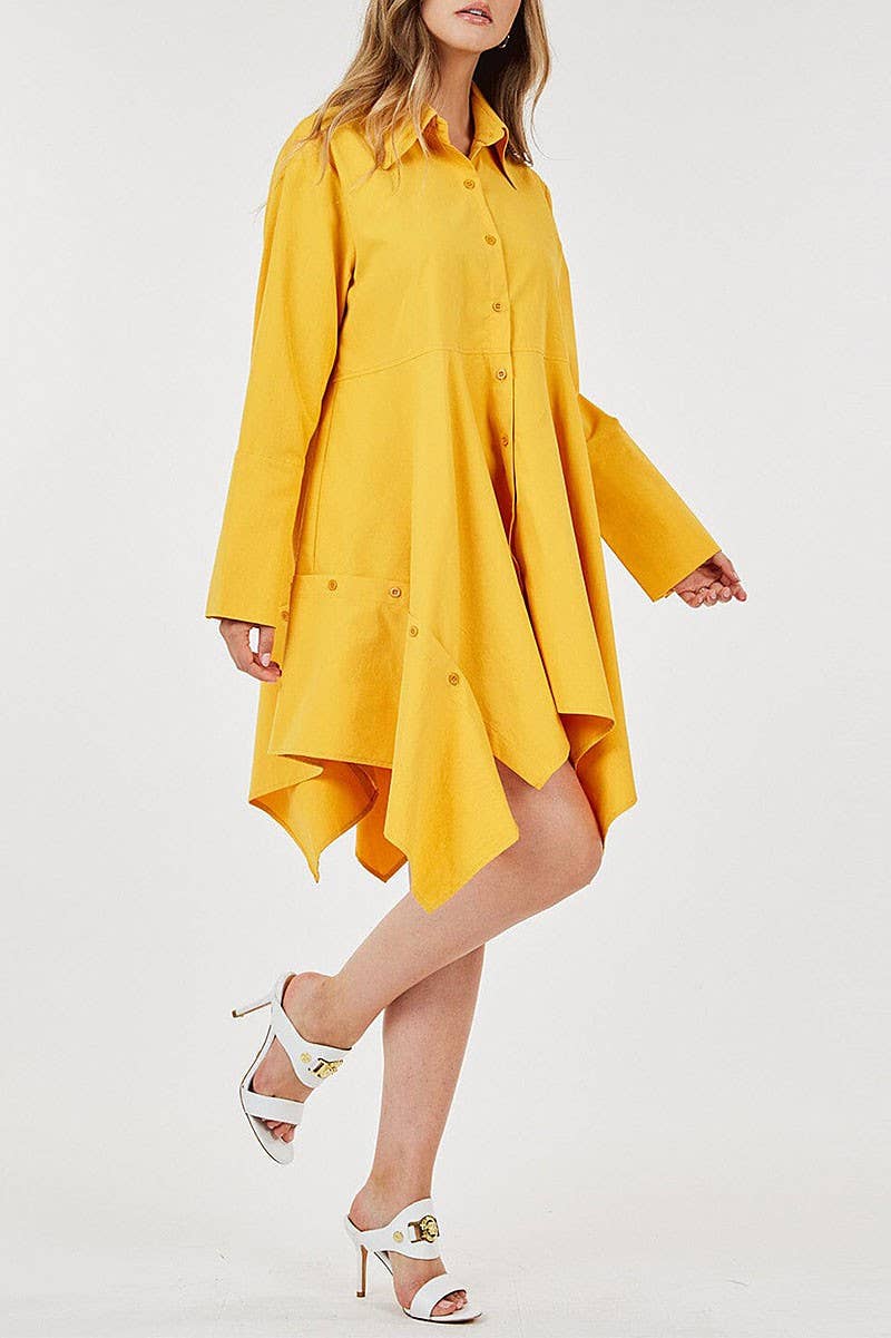 SOLID BUTTON DOWN ASYMETRICAL HI LO HEM DRESS