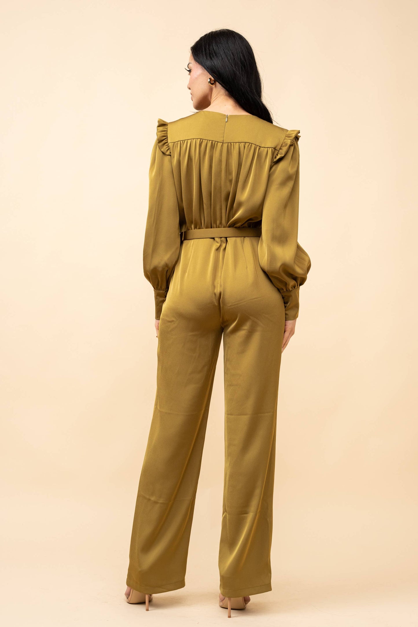 Satin long sleeve belted jumpsuit