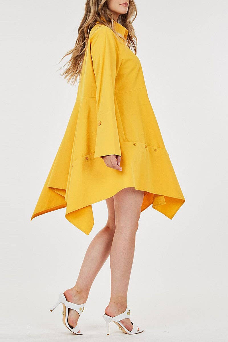 SOLID BUTTON DOWN ASYMETRICAL HI LO HEM DRESS