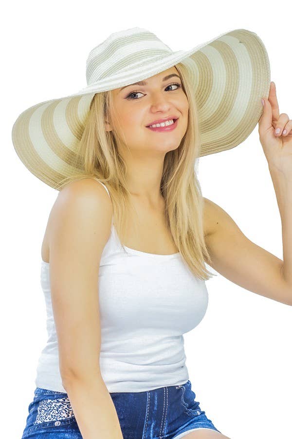 Color Block Striped Wide Brim Floppy Toyo Straw Sun Hat