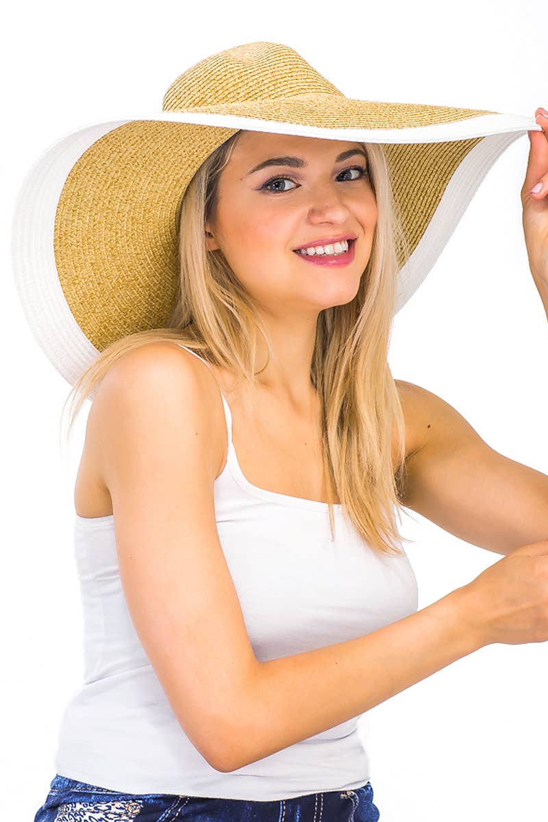 Mixed Natural Stripe Trim Wide Floppy Sun Hat