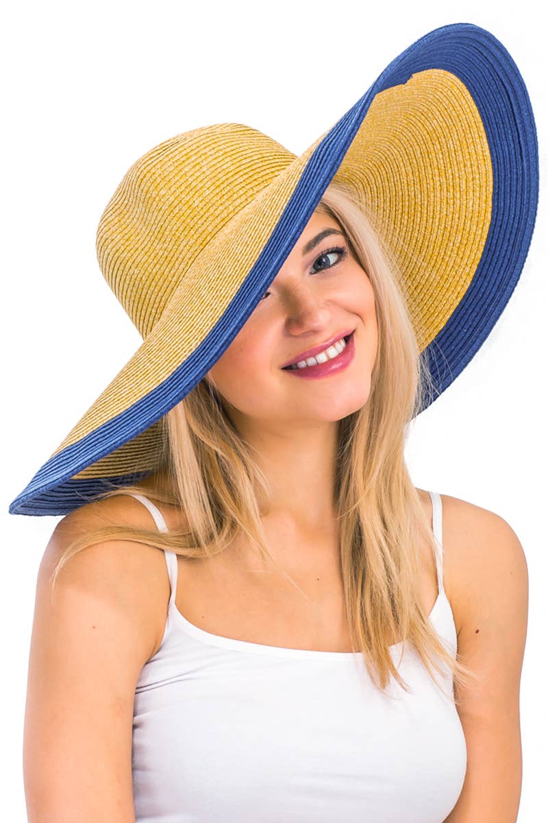 Mixed Natural Stripe Trim Wide Floppy Sun Hat