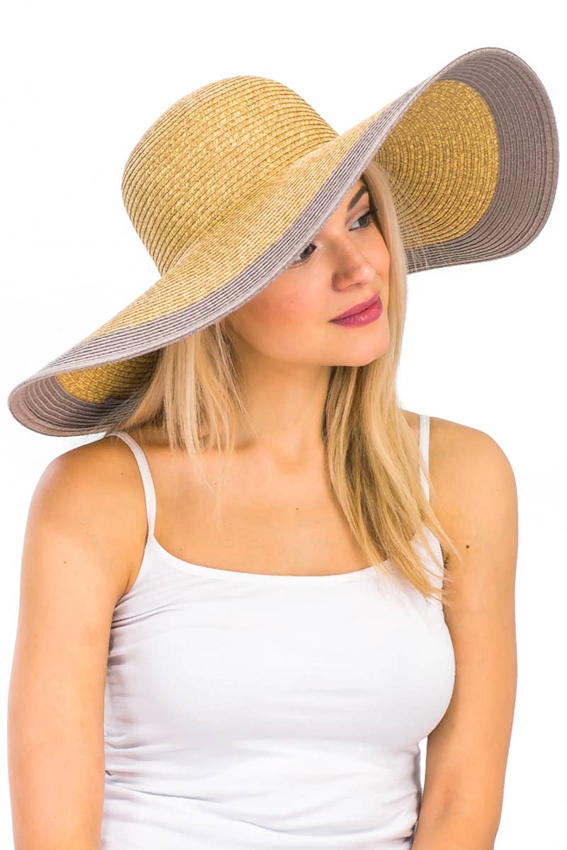 Mixed Natural Stripe Trim Wide Floppy Sun Hat