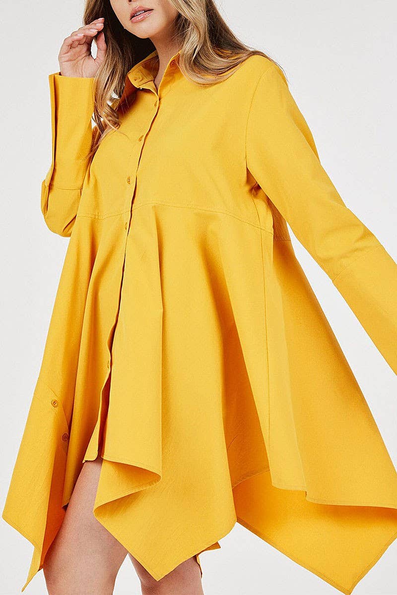 SOLID BUTTON DOWN ASYMETRICAL HI LO HEM DRESS