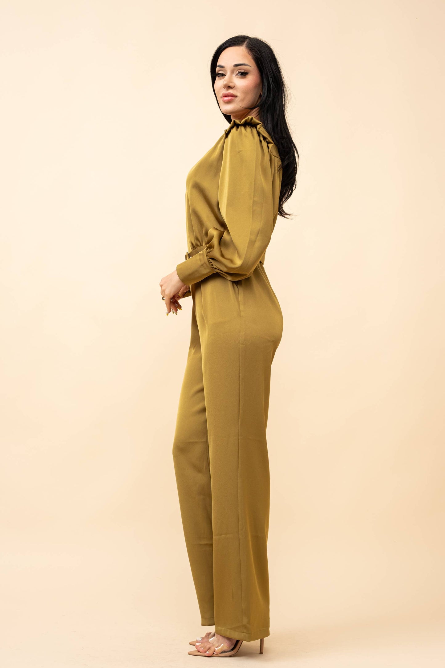 Satin long sleeve belted jumpsuit