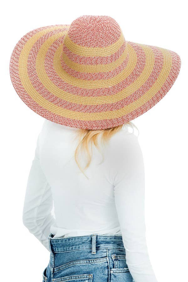 Color Block Striped Wide Brim Floppy Toyo Straw Sun Hat