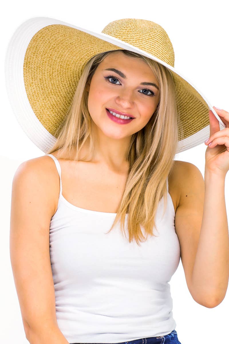 Mixed Natural Stripe Trim Wide Floppy Sun Hat