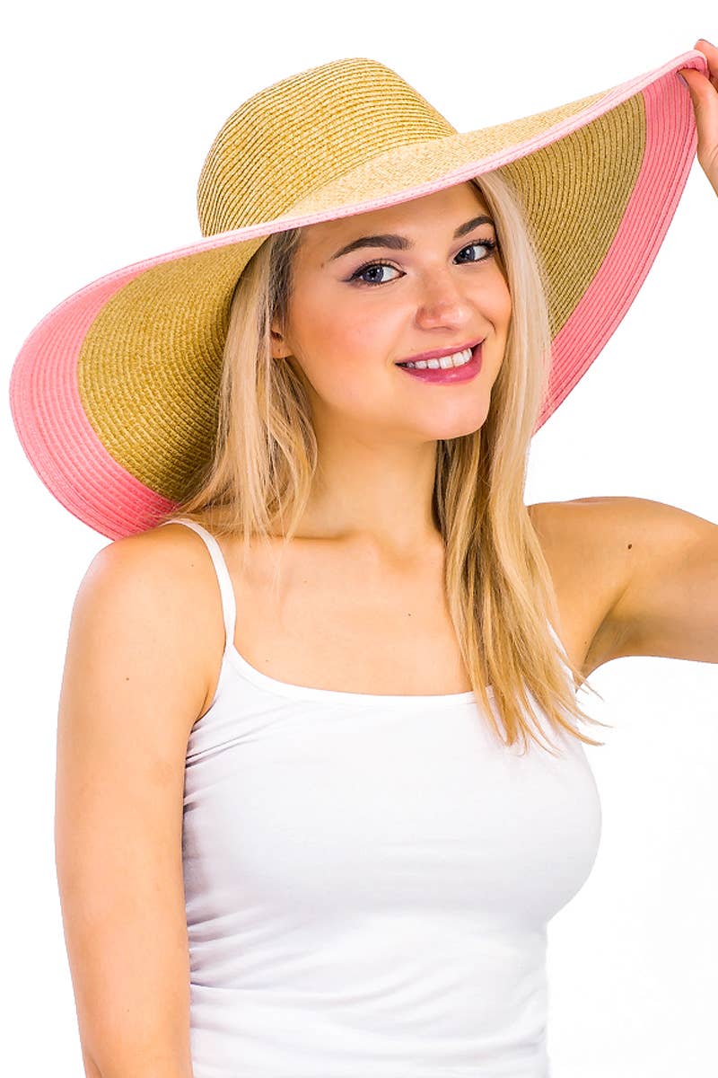 Mixed Natural Stripe Trim Wide Floppy Sun Hat