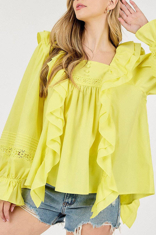 LONG SLEEVE SQUARE NECK RUFFLE BLOUSE