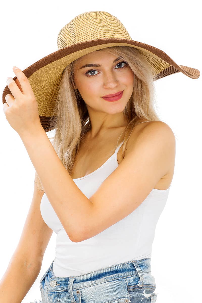 Mixed Natural Stripe Trim Wide Floppy Sun Hat