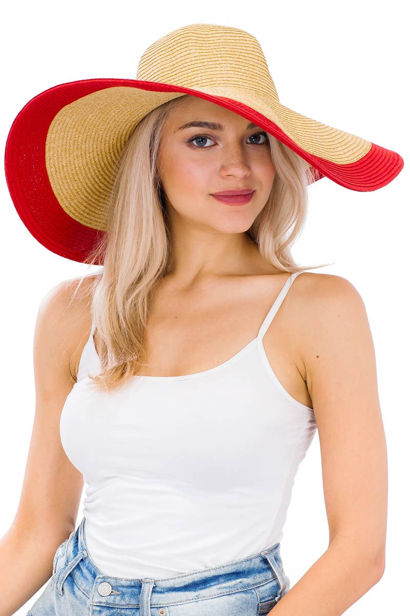 Mixed Natural Stripe Trim Wide Floppy Sun Hat