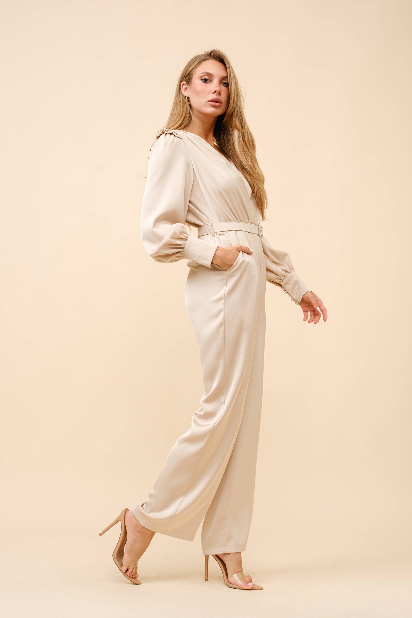 Satin long sleeve belted jumpsuit