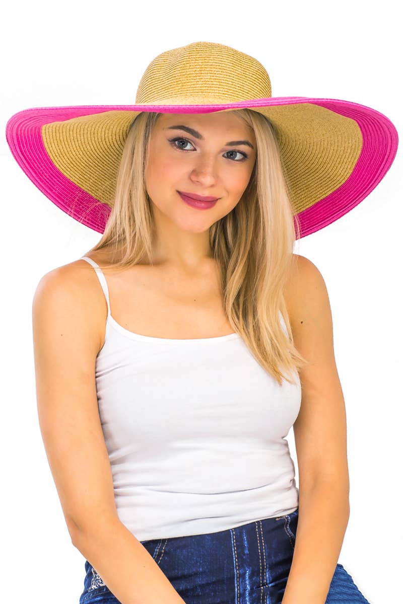 Mixed Natural Stripe Trim Wide Floppy Sun Hat