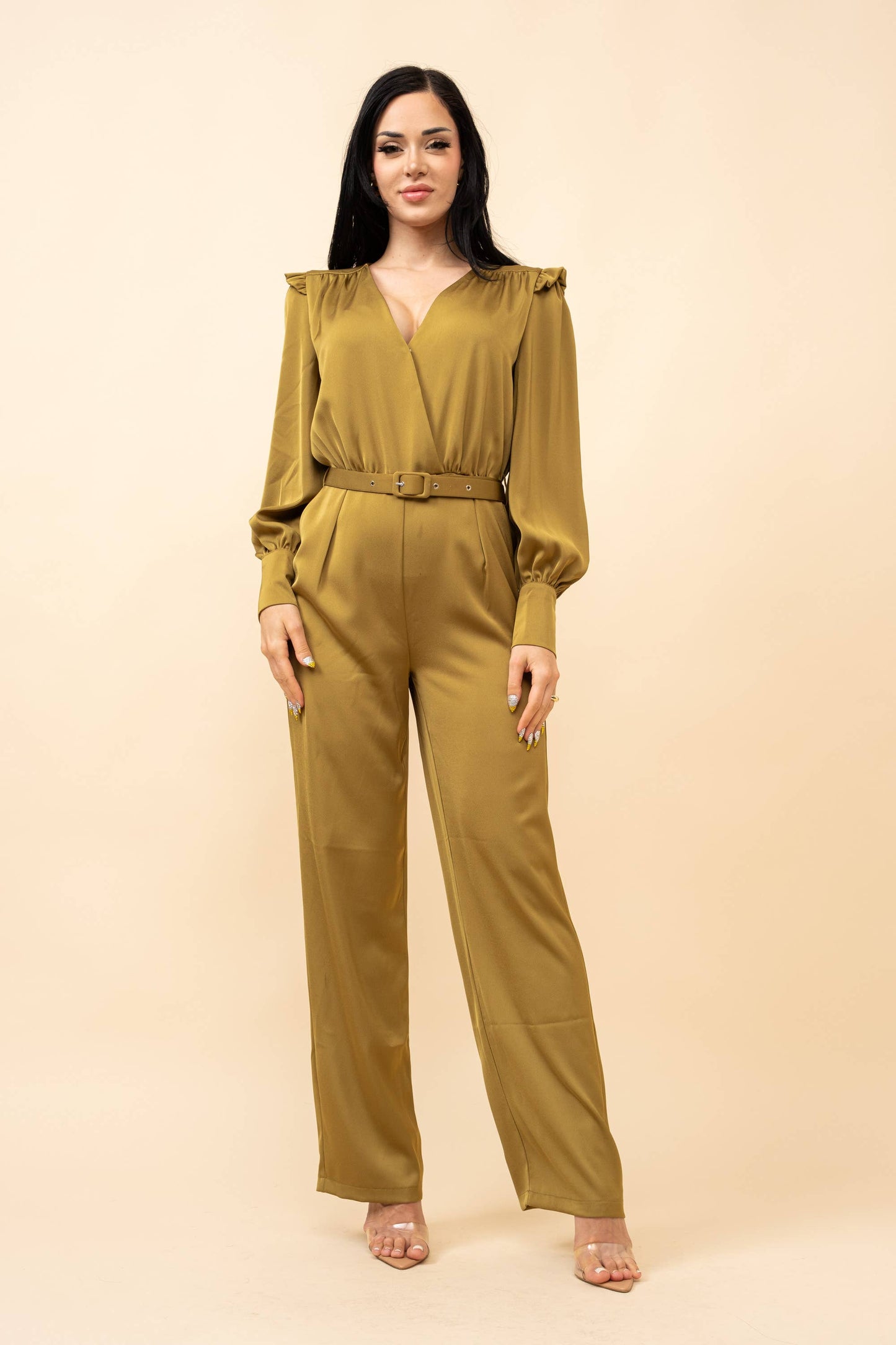 Satin long sleeve belted jumpsuit