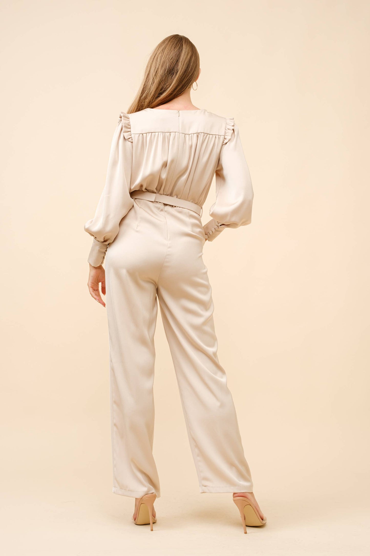 Satin long sleeve belted jumpsuit