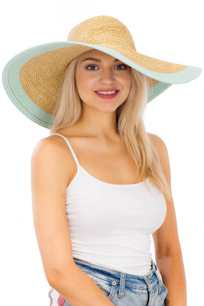 Mixed Natural Stripe Trim Wide Floppy Sun Hat