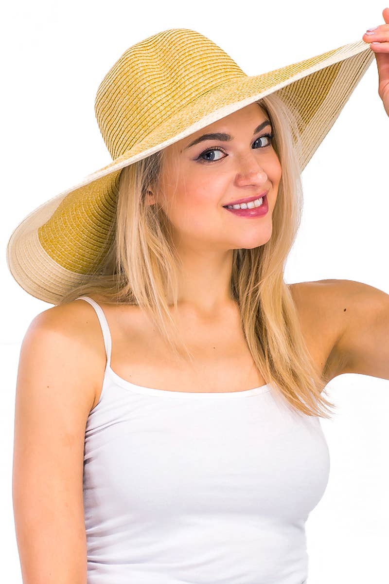 Mixed Natural Stripe Trim Wide Floppy Sun Hat