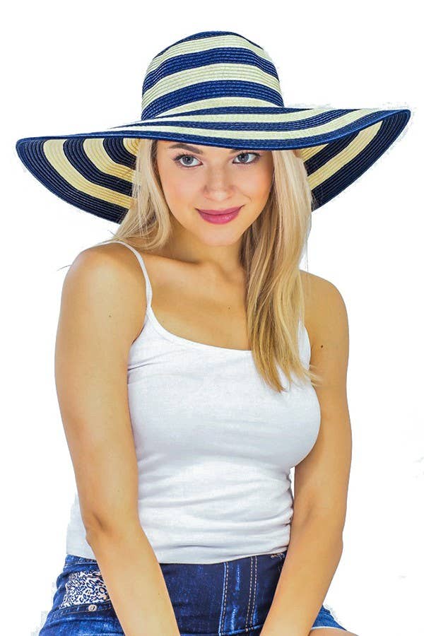 Color Block Striped Wide Brim Floppy Toyo Straw Sun Hat