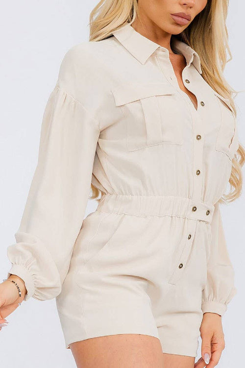 LONG SLEEVE BUTTON UP POCKETS ROMPER