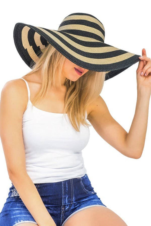 Color Block Striped Wide Brim Floppy Toyo Straw Sun Hat