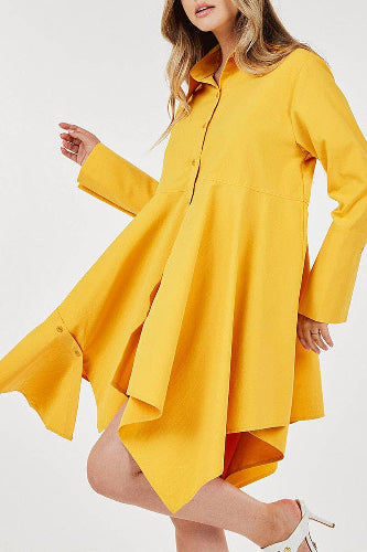 SOLID BUTTON DOWN ASYMETRICAL HI LO HEM DRESS